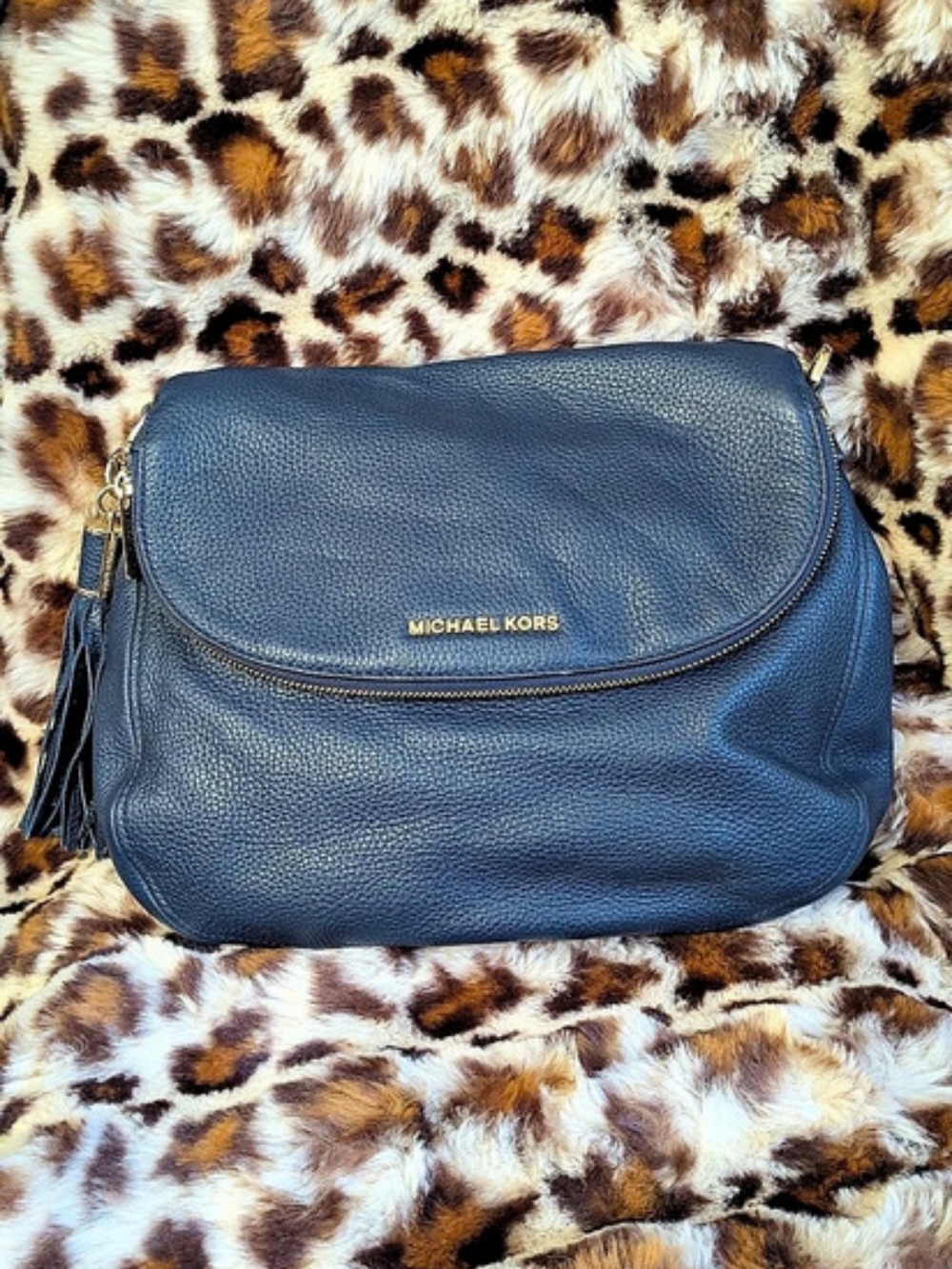 Michael Kors Bedford Tassel Medium Leather Shoulder Bag- Steel Blue